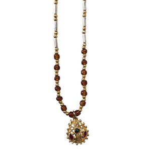 Vintage Gold‑Tone Filigree Pendant Necklace w/ Red & Green Cabochons Boho